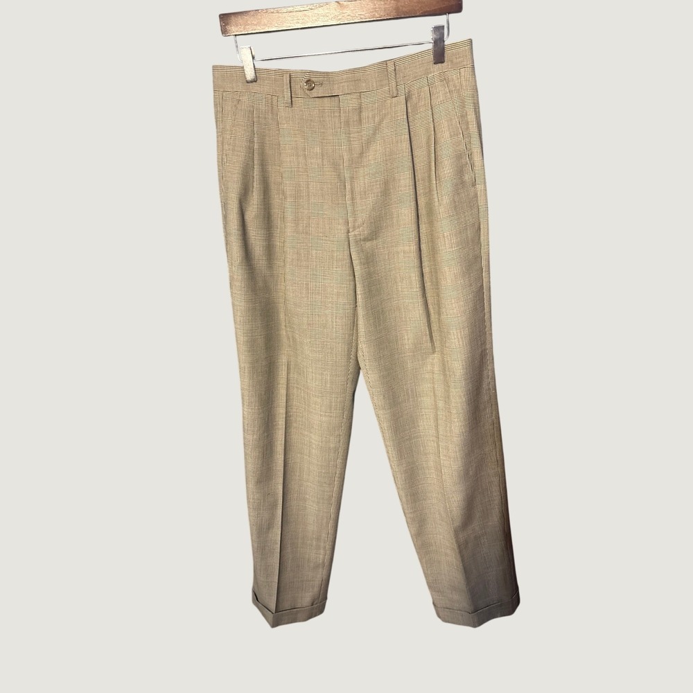 Lauren Ralph Lauren Mens Glen Plaid Wool Pleated Cuffed Dress Pants Tan 32x32
